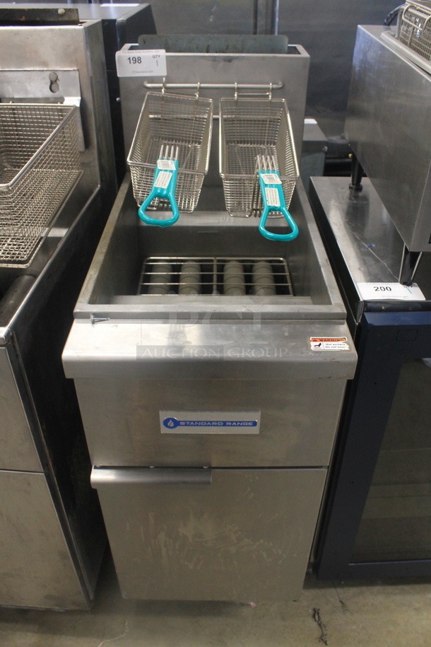 2021 Standard Range SR-F4-LP Stainless Steel Commercial Floor Style Propane Gas Powered Deep Fat Fryer w/ 2 Metal Fry Baskets. 120,000 BTU. - Image 1 of 6