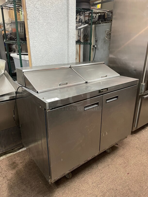 Delfield 4448NP-12 48 inch 2 Door Front Breathing Commercial Refrigerated Sandwich Prep Table with Casters 120 Volt NSF - Image 1 of 8