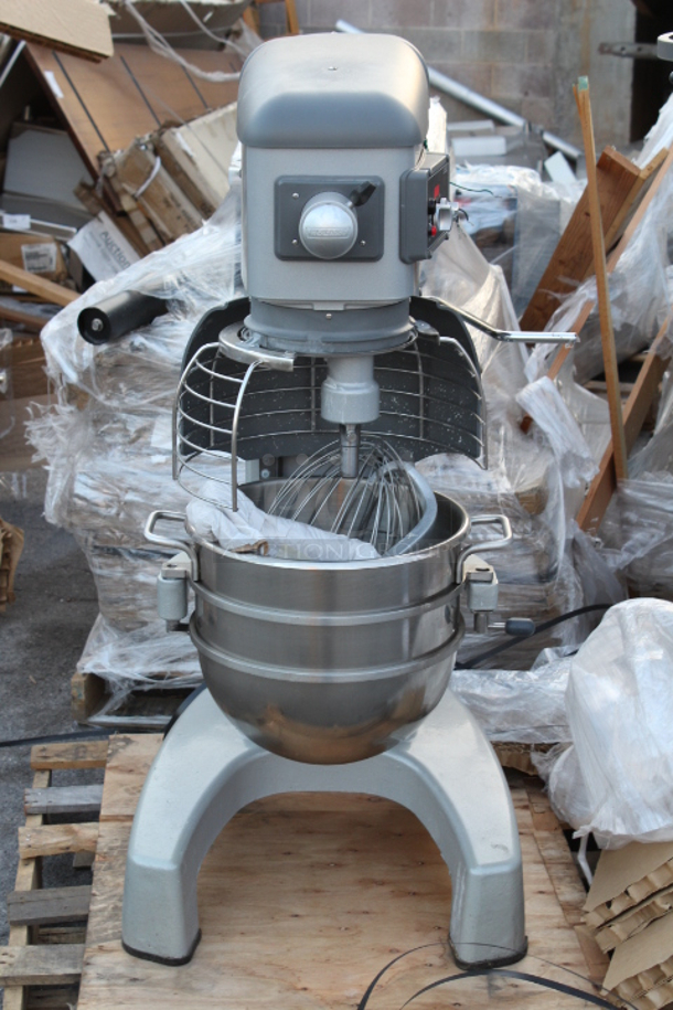BRAND NEW SCRATCH & DENT! Hobart Legacy+ HL300-1 30 Qt. Planetary Floor Mixer with Guard & Standard Accessories - 240V, 3 Phase, 3/4 hp. This unit is designed for a direct power connection. Features a 3/4" conduit hole where with wires coming out for easy access and connection.  - Image 3 of 7