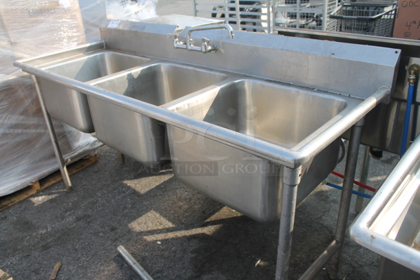 Commercial Stainless Steel Flushmount  3 Bay Sink With Faucet On Galvanized Legs. - Image 5 of 8