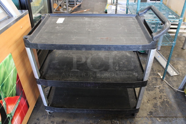 Black Poly 3 Tier Cart w/ Push Handle on Commercial Casters. 37x20x39