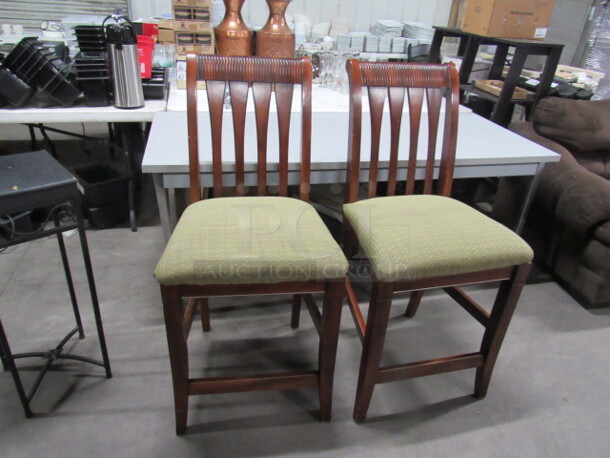 Wooden Bar Height Chair With Green Cushioned Seat. 2XBID