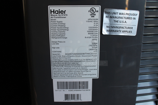 BRAND NEW SCRATCH AND DENT! Haier HPN10XHM 10 000 BTU Portable Air Conditioner with Heat. 115 Volts, 1 Phase. Tested and Working! - Image 3 of 3