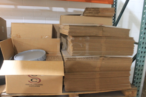 ALL ONE MONEY! TWO PALLET LOT of Various Items Including Cardboard Boxes and Gray Round Poly Lids. BUYER MUST REMOVE.