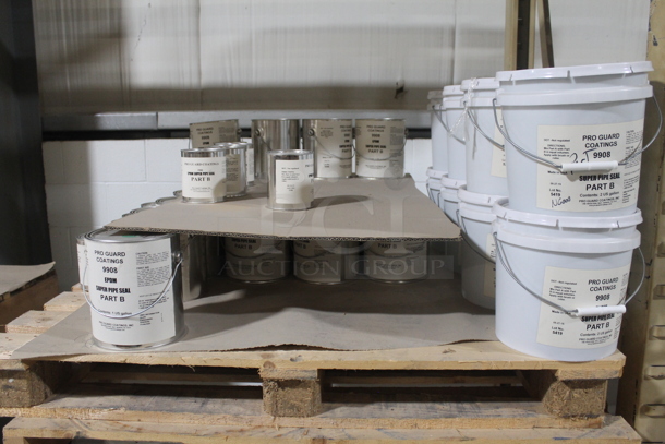 ALL ONE MONEY! FIVE PALLET LOT of Various Items Including Pro Guard Coating Buckets, Metal Tins of Super Pipe Seal. BUYER MUST REMOVE. - Image 1 of 4