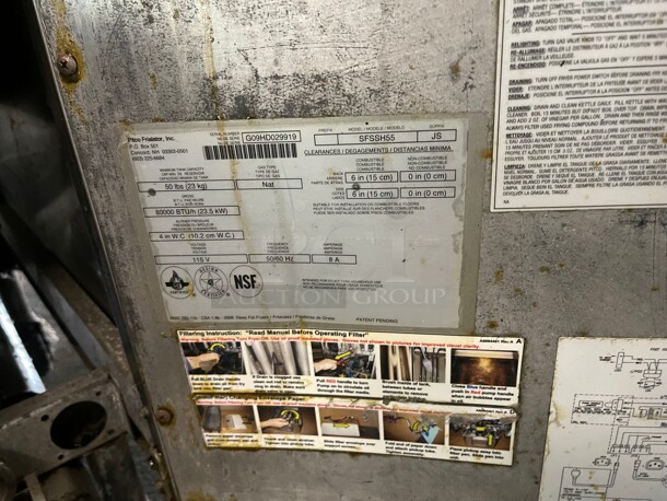Nice! Pitco SSH55 Gas Commercial  Double Fryer - (2) 50 lb Vats, Floor Model, With Automatic Filtration System Natural Gas NSF Tested and Working! - Image 4 of 10