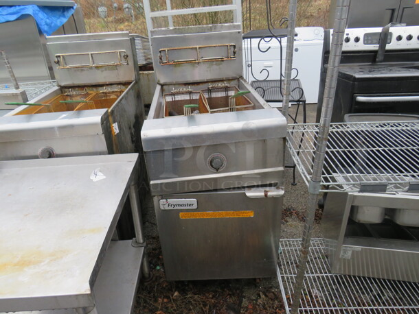 One SS Frymaster Natural Gas 60-80lb Floor Fryer With 2 Baskets. Model# MJCFSE. 21X40X48.5. $5499.00. Working When Removed. 