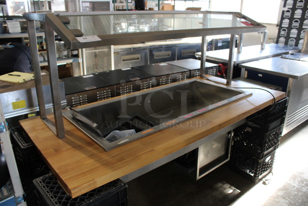 Stainless Steel Commercial Refrigerated Buffet Station Drop In Unit in Wooden Butcher Block Countertop w/ Sneeze Guard and Tabletop Frame. 115 Volts, 1 Phase. 77x36x48. Tested and Working!