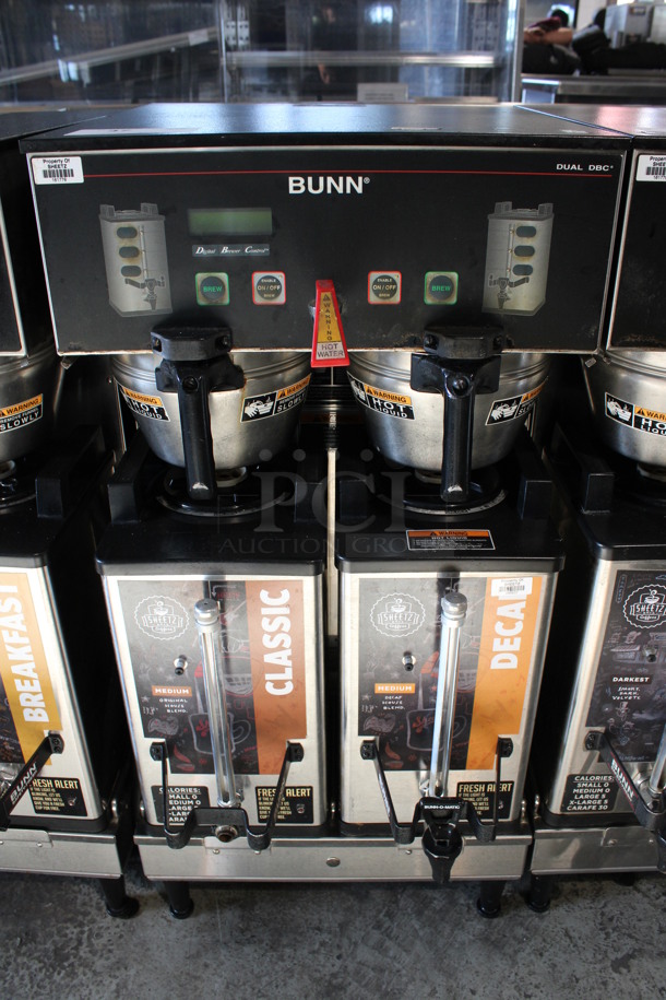2010 Bunn Model DUAL SH DBC Stainless Steel Commercial Countertop Dual Coffee Machine w/ Hot Water Dispenser, 2 Stainless Steel Brew Baskets and 2 Bunn Model SH SERVER Satellite Servers. 120/208-240 Volts, 1 Phase. 18x24x36. Tested and Working!