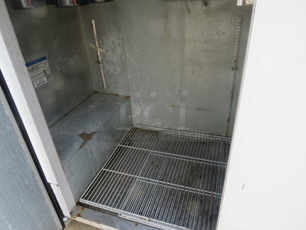 One Beverage Air 2 Door Refrigerator With 2 Racks, And A Cold Rail On Top With 9 Topping Containers And Lids And 6 Round Cylinders, On Casters. Working NOT Cold.  Model# MS68. 115 Volt. 69X28X50.5 - Image 5 of 5