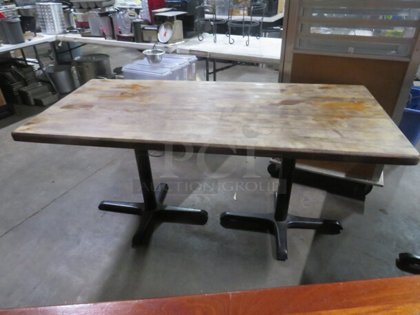One BEAUTIFUL 2 Inch Thick Butcher Block Table Top On A Dual Pedestal Base.  66X30X29. NEEDS Varnish. - Image 1 of 3