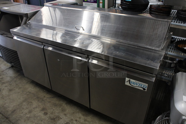 Avantco Model 178SCL3 Stainless Steel Commercial Sandwich Salad Prep Table Bain Marie Mega Top on Commercial Casters. 115 Volts, 1 Phase. 70.5x29.5x42.5. Cannot Test - Unit Needs New Plug Head