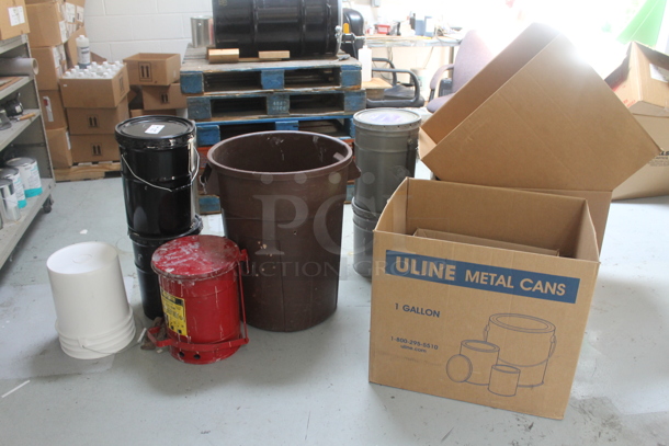 ALL ONE MONEY! Lot of Various Items Including Brown Poly Trash Can, Buckets and Cardboard Boxes. BUYER MUST REMOVE. - Image 1 of 4