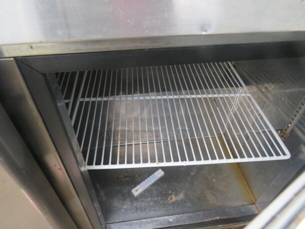 One Blue Air 3 Door Refrigerated Prep Table With 2 SS Over SHelves, 48 Inch Ticket Rail, 10 Inch Wire Basket, And 3 Racks, On Casters. Model# BAPT72. 115 Volt. 72X30X68 - Image 5 of 5