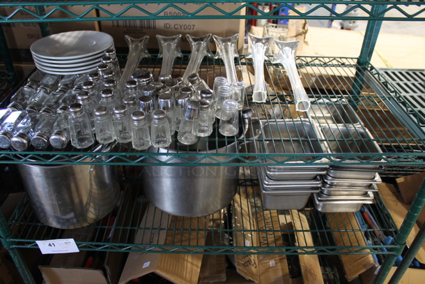 ALL ONE MONEY! Two Tier Lot of Various Items Including Salt Shakers, Vases, Stainless Steel Drop In Bins and Stock Pots