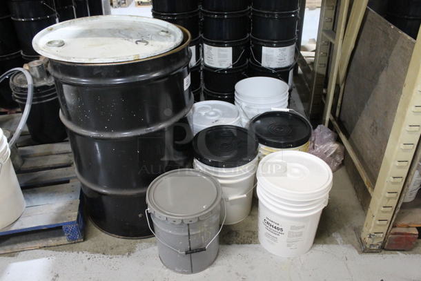 ALL ONE MONEY! Lot of Various Buckets Including Chem Resistant Hardener and Metal Barrel. BUYER MUST REMOVE. - Image 1 of 5