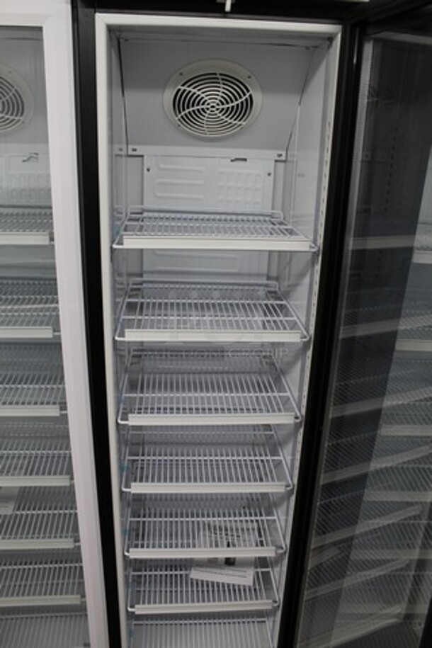 BRAND NEW SCRATCH AND DENT! Galaxy 177GDN5RBB Metal Commercial 16 1/2" Black Swing Glass Door Merchandiser Refrigerator with Red, White, and Blue LED Lighting. 115 Volts, 1 Phase. Tested and Working! - Image 3 of 5