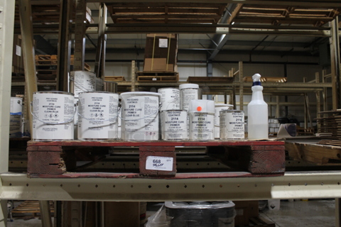 ALL ONE MONEY! PALLET LOT of Various Items Including Moisture Cure Primer Clear Blue. BUYER MUST REMOVE.