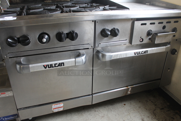 LATE MODEL! Vulcan 60SS-852 Stainless Steel Commercial Natural Gas Powered 6 Burner Range w/ Right Side Flat Top Griddle, 2 Oven, Over Shelf and Back Splash. - Image 4 of 8