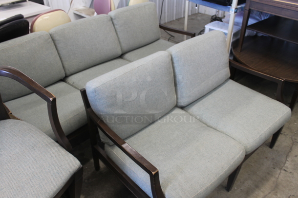 2 Wooden Dining Height Chairs / Benches w/ Arm Rests and Blue Seat Cushion. Two Person and Three Person. 46x30.5x27.5, 63x29x30.5. 2 Times Your Bid! - Image 2 of 5