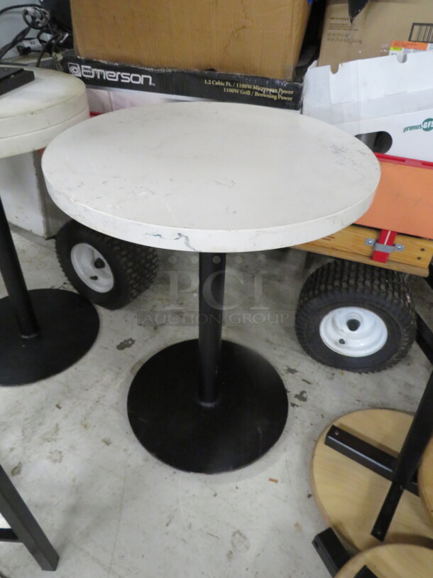 One Round White/Gray Marble Table Top On A Black Pedestal Base. VERY HEAVY. 20X28 - Image 1 of 2
