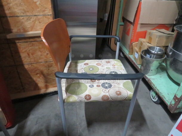 NEW Metal Arm Chair With Wooden Back, And Cushioned Seat On Casters. 2XBID - Image 3 of 3
