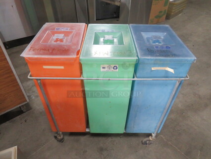 One Wire Frame Ingredient Bin Holder On Casters With 3 Poly Ingredient Bins With Lids. 34.5X16X29