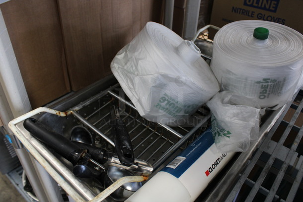 ALL ONE MONEY! Lot of Various Items Including Metal 2 Tier Basket Rack, Scooper, Peelers and 2 Rolls of Produce Bags in Stainless Steel Full Size Bin! - Image 4 of 4