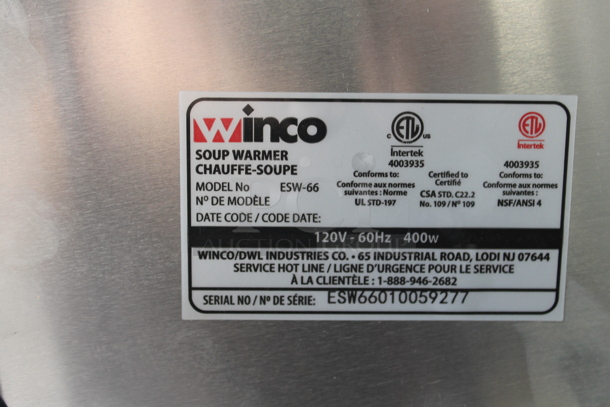 WInco ESW-66 Metal Commercial Countertop Soup Kettle Food Warmer. 120 Volts, 1 Phase. Tested and Working! - Image 4 of 4