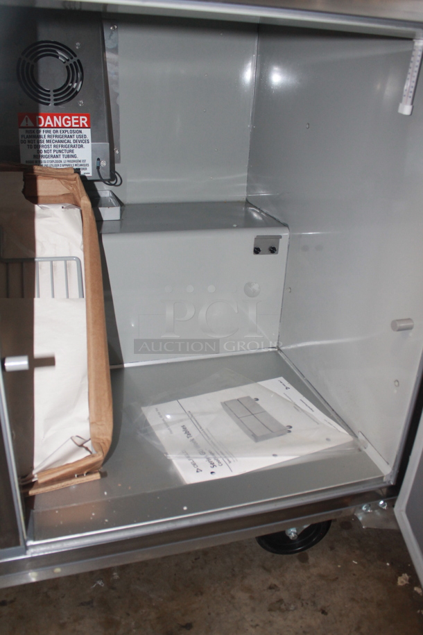 LIKE NEW! 2022 Delfield GUR48P-S Stainless Steel Commercial Front Breathing 2 Door Undercounter Cooler on Commercial Casters. 115 Volts, 1 Phase. Unit Has Only Been Used a Few Times! Tested and Working! - Image 5 of 6