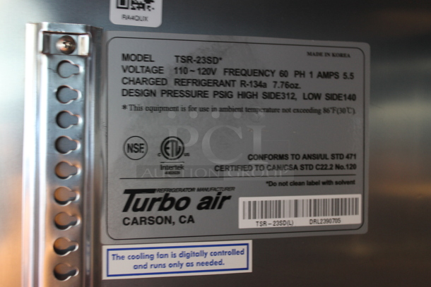 Turbo Air TSR-23SD Stainless Steel Commercial Single Door Reach In Cooler w/ Poly Coated Racks on Commercial Casters. 110-120 Volts, 1 Phase. Tested and Powers On But Does Not Get Cold - Image 6 of 6