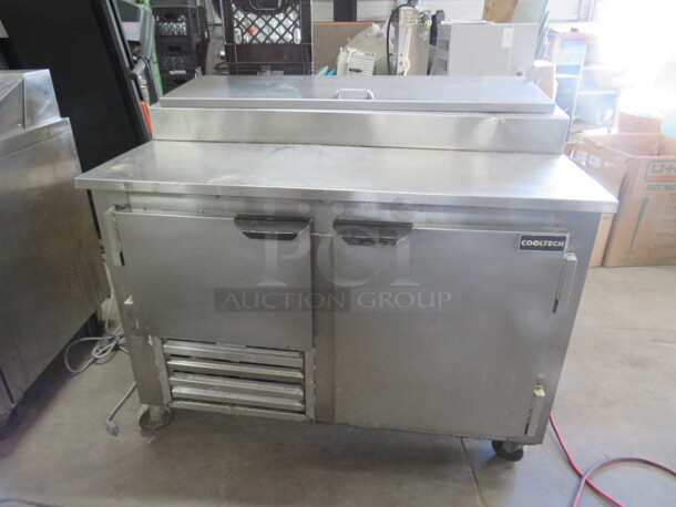 One WORKING Stainless Steel Cool Tech 2 Door Refrigerated Prep Table On Casters. Model# CMPH 48PT. 120 Volt. 48X32X41
