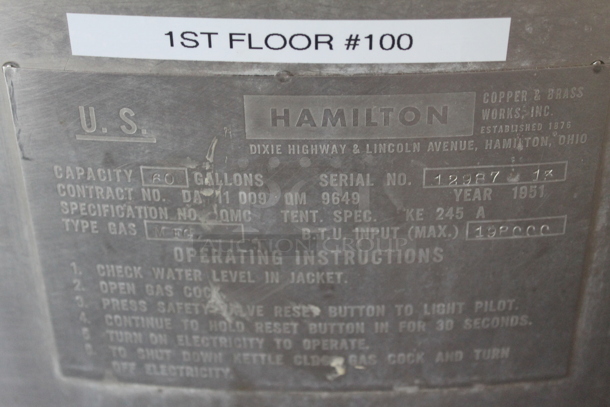 Hamilton Stainless Steel Commercial Natural Gas Powered Floor Style 60 Gallon Steam Kettle.  - Image 6 of 8