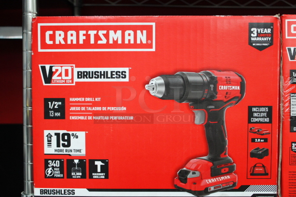NEW IN THE BOX!! CRAFTSMAN V20 Brushless 20-Volt Max 1/2-in Variable Speed Cordless Hammer Drill Kit. Includes (1) CMCD721 Hammer Drill; (2) CMCB202 V20 20V MAX 2.0Ah Lithium Ion Battery; (1) V20 20V MAX Lithium Ion Charger; (1) Belt Clip; (1) Storage Bag
