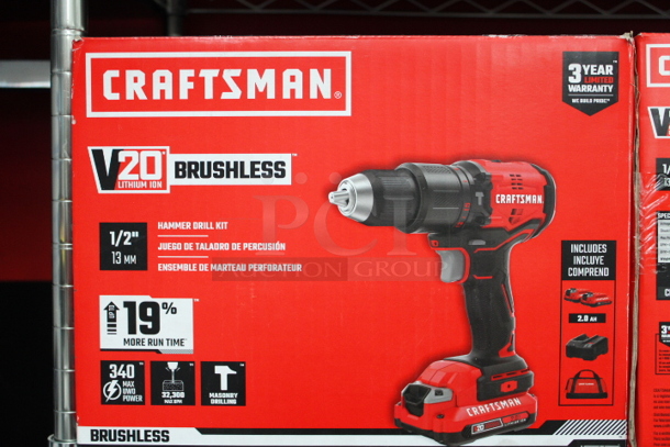 NEW IN THE BOX!! CRAFTSMAN V20 Brushless 20-Volt Max 1/2-in Variable Speed Cordless Hammer Drill Kit. Includes (1) CMCD721 Hammer Drill; (2) CMCB202 V20 20V MAX 2.0Ah Lithium Ion Battery; (1) V20 20V MAX Lithium Ion Charger; (1) Belt Clip; (1) Storage Bag
 - Image 1 of 1