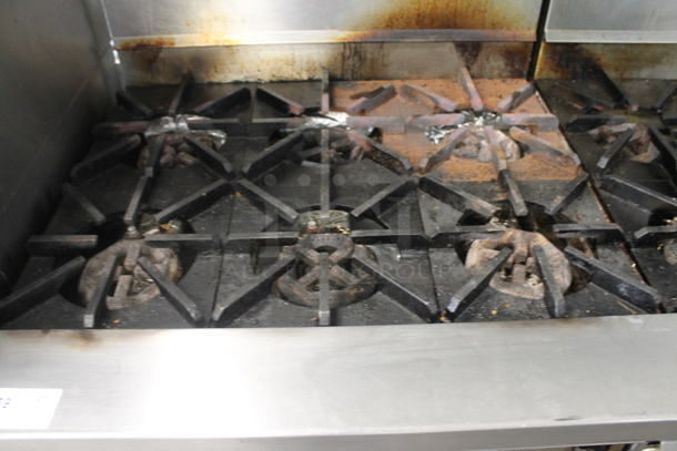 Jade Range JTHR-6-36C Stainless Steel Commercial Natural Gas Powered 6 Burner Range w/ Convection Oven, 2 Tier Over Shelf and Back Splash on Commercial Casters. 35,000 BTU. - Image 4 of 9