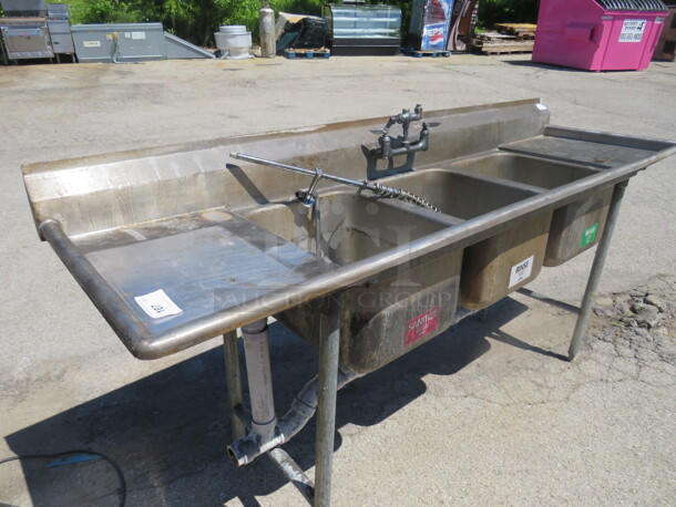One 3 Compartment Sink With Faucet, Hose Sprayer, And R/L Drain Boards. 90X27X43 - Image 3 of 3