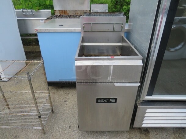 One Asber Natural Gas Deep Fryer On Casters. Model# AEF75NG. 20X31X46