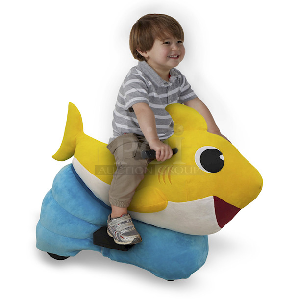 Dynacraft 8806-24JWA Baby Shark 6 Volt Plush Ride-On. Foot Pedal Acceleration, 2.5 MPH Max Speed, Plays Baby Shark Theme Song, Ocean Bed Crate Included,  17.72 x 30.71 x 26.77