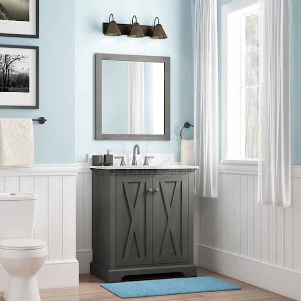 AWESOME!! [3] Style Selections Gray Undermount Single Sink Bathroom Vanity with Top and 26 in x 28 in Wood Frame Mirror, Gray Finish, Slow-close hinges, Brushed nickel finish hardware, Pre-Drilled for 8-in Widespread Faucet, 4-In backsplash, Fully assembled.  
30 in × 20 in × 34.5 in