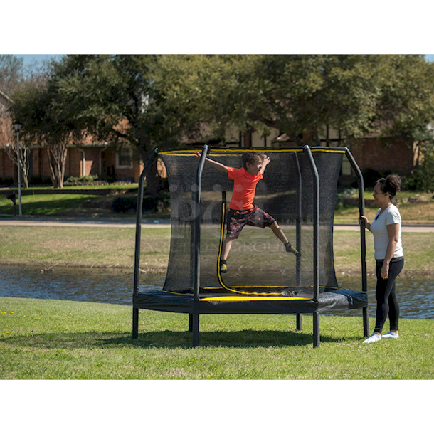 JumpKing 7.5-Foot Trampoline, with Enclosure, Black/Yellow. Jump King 7.5ft Trampoline & Enclosure System:

Enlarged door for easy entry
Patented over-under springs arrangements provide a better bounce
Unique shape and size for Indoor & Outdoor use
Can be enjoyed by either an adult or a child
User max weight: 180 lbs.
Heavy duty netting for added safety
Meets ASTM requirements                                      7-1/2ft w x 7-1/2ft d x 6.2ft h  - Image 1 of 11