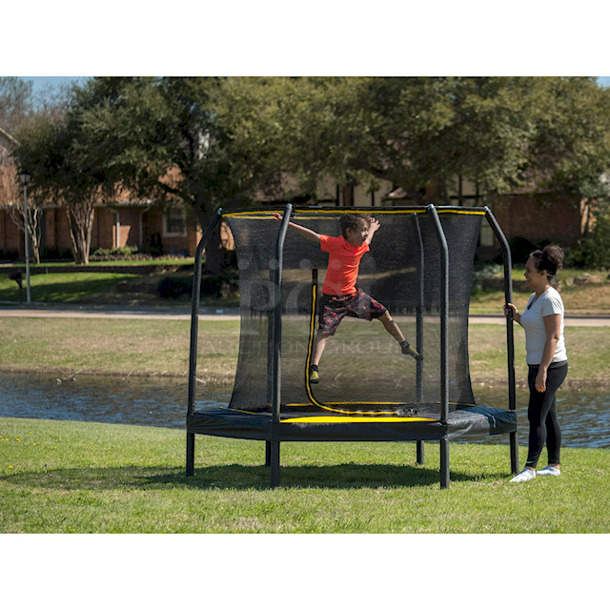 JumpKing 7.5-Foot Trampoline, with Enclosure, Black/Yellow. Jump King 7.5ft Trampoline & Enclosure System:

Enlarged door for easy entry
Patented over-under springs arrangements provide a better bounce
Unique shape and size for Indoor & Outdoor use
Can be enjoyed by either an adult or a child
User max weight: 180 lbs.
Heavy duty netting for added safety
Meets ASTM requirements                                      7-1/2ft w x 7-1/2ft d x 6.2ft h 
