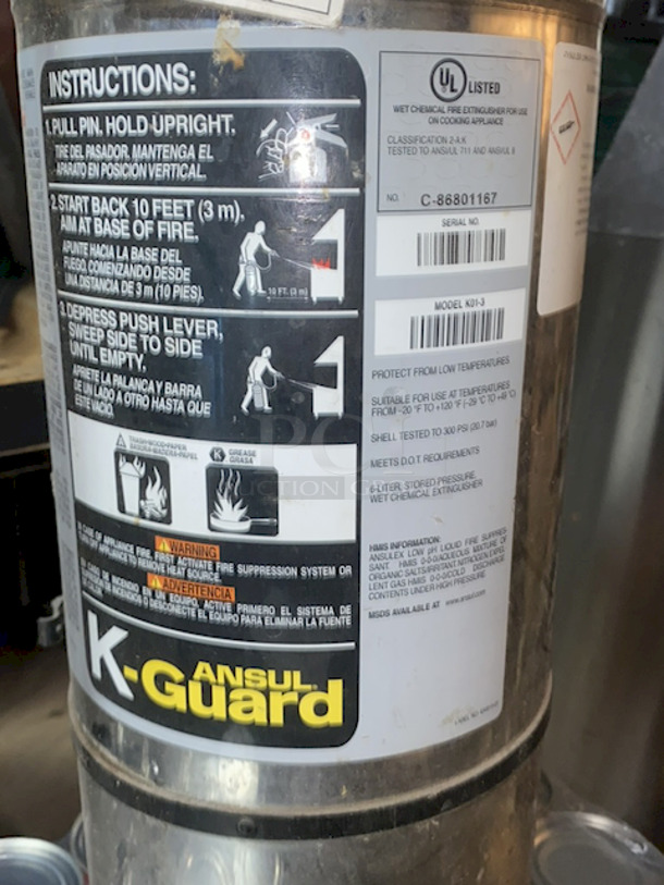 COMMERCIAL KITCHEN SPECIFIC! Ansul® Model K01-3 Sentry® 6 Liter Fire Extinguisher, UL Rating: 2-A:K, 9-1/2”x7”x21-1/4”. Don't Mind The Dust From Remodeling.  - Image 2 of 2