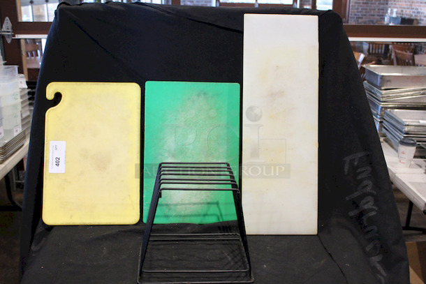 Cutting Boards With Holder. 4x Your Bid Yellow and Green Boards are 18x12-1/2 White Board is Approx. 24x10