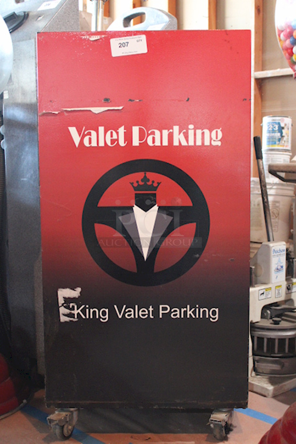 HIGH QUALITY, Safe & Secure!  The Valet Spot: Standard Valet Podium, Steel Framed On Heavy Duty Locking Commercial Casters With (1) Locking Key Holder Area & (1) Locking Tip Collection Area. 24.25”W x 19”D x 48.25”H. Lightly Used.  - Image 1 of 4