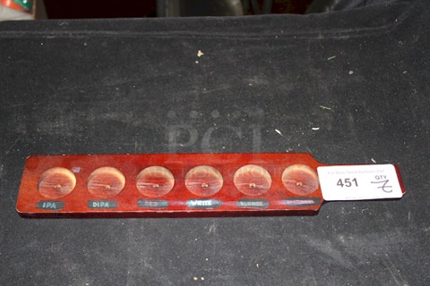Libbey Craft Brews Beer Flight Red Brown Wood Paddle, 6 Compartments. 
24"x4"x3/4" Compartment Diameter: 2 1/4"
7x Your Bid