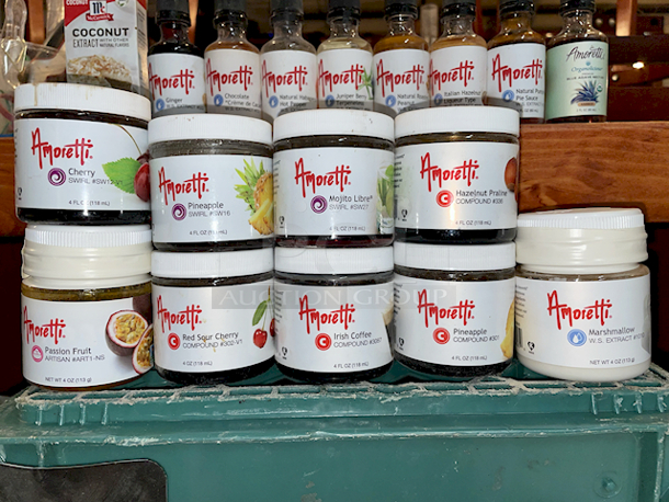 BREWER'S MONSTER LOT: 
Amoretti 2 FL OZ (60 ml) Extracts: Ginger W.S. EXTRACT #522, Chocolate "Crème de Cacao" W.S. Extract #72, Natural Habanero Hot Pepper W.S. Extract 689,  Juniper Berry Terpeneless O.S. Extract #663, Natural Roasted Peanut W.S. Extract #1356, Italian Hazelnut Liqueur Type
W.S. Extract #503, Natural Pumpkin Pie Sauce W.S. Extract 1285, Organolicious
Premium Blue Agave Nectar Amber 
Amoretti 4fl Oz: Cherry Marbleizing Swirl #SW12-V1, Pineapple Marbleizing Swirl #SW16, Mojito Marbleizing Swirl #SW27, Hazelnut Compound #336, Passion Fruit ARTISAN #ART1-NS, Red Sour Cherry COMPOUND #302-V1, Irish Coffee
COMPOUND #3087, Pineapple COMPOUND #301, Marshmallow W.S. EXTRACT #1010, Chai "Tea" COMPOUND #399, Lychee COMPOUND #384, Wine Blossom COMPOUND #3036, Pineapple ARTISAN #ART10, Coconut
SWIRL #SW17, Blood Orange SWIRL #SW383-VI, 
McCormick Coconut Extract
Beer Craft: Black Crown Caps, Calcium Carbonate, Gypsum x2, 
Pure: Calcium Sulfate Dihydrate Gypsum
Citric Acid & Calcium Chloride - Image 8 of 11