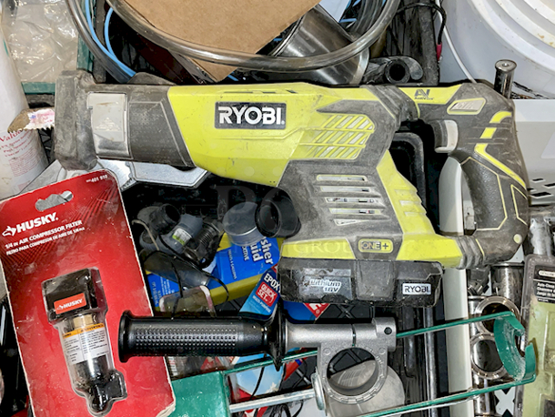 ALL FOR ONE! Crate Full Of Various Tools & Parts: Ryobi Reciprocating Saw, Heat Gun Caulk Gun, ¼” Air Compressor Filter, Hand Saw, Handle and More  - Image 3 of 8