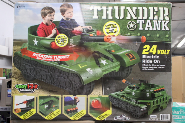 SWEET! Adventure Force 24 Volt Thunder Tank Army Green Ride-On With Working Cannon and Rotating Turret! For Boys & Girls Ages 3 and up
