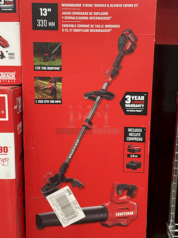 All New, All Craftsman – [1] CRAFTSMAN 2000 Series 37-in W x 24.5-in H 4-Drawer Steel Tool Chest (Red), [1] CMCL090B V20 Lithium-Ion LED Automotive Hood Light, [1] CRAFTSMAN V20 Brushless 2-Piece 20-Volt Max Cordless Power Equipment Combo Kit – 13” Weed Wacker, String Trimmer & Blower Combo Kit (With Battery & Charger), [3] Craftsman CMCK279D1 V20 Brushless Lithium-Ion 10” Cordless Weedwhacker, String Trimmer and, Blower Combo Kit (With Battery & Charger). 6x Your Bid - Image 9 of 12